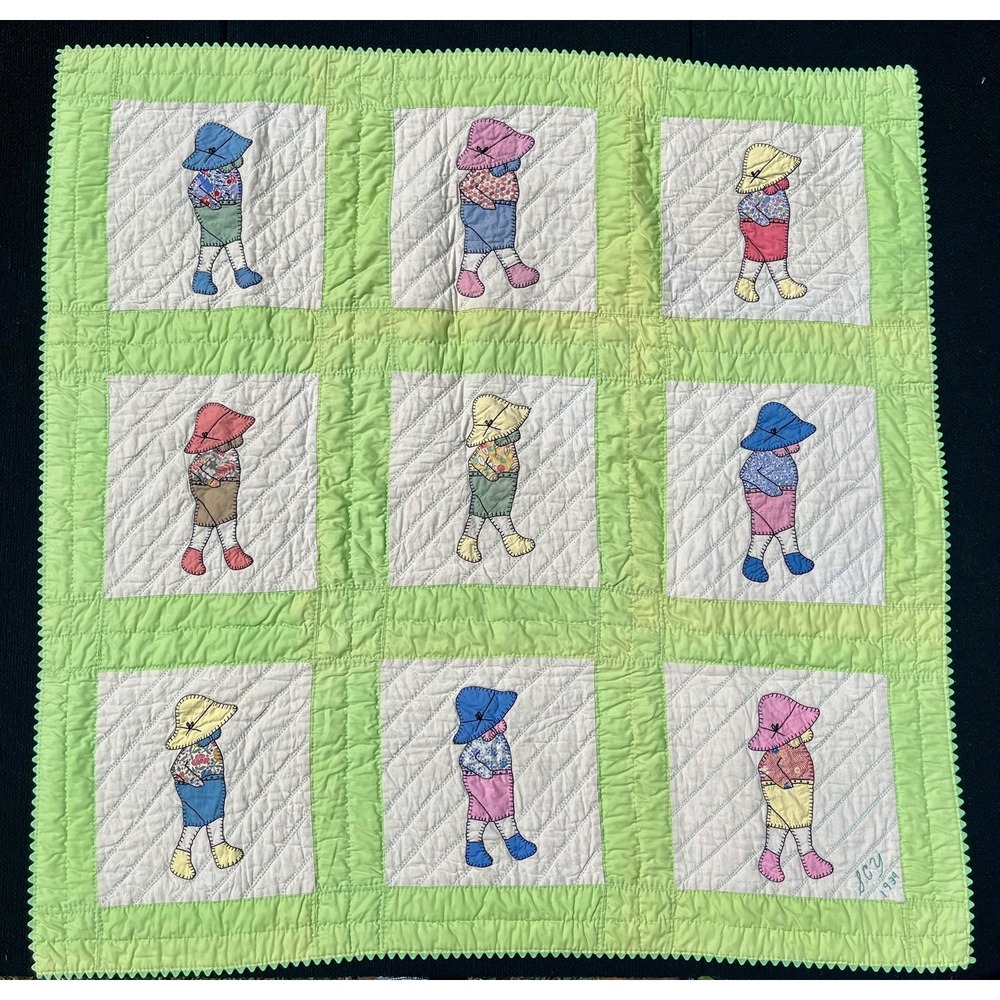 Vintage 1990s Sunbonnet Sue Handmade Applique Quilt Green 43x43 Signed SCY
